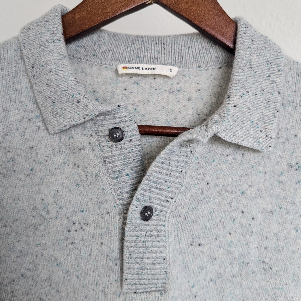 Women's Marine Layer Gray Speckled Polo collared Marino Wool Sweater Sz S